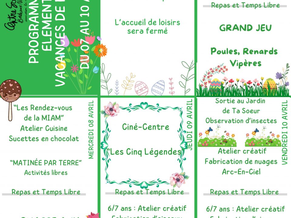 vacances printemps 2026 élémentaire 1/2